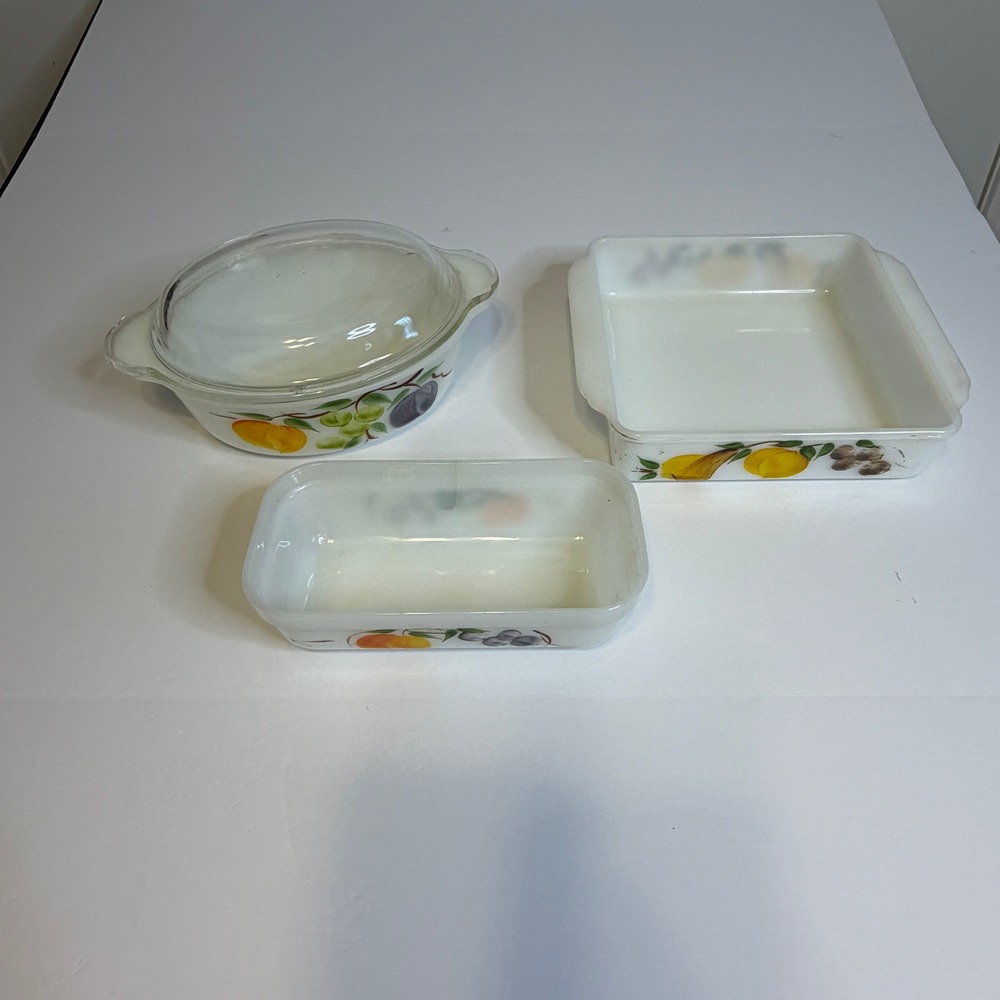 Vintage Fire-King Gay Fad Fruit Milk Glass Bakeware Set 3pc Anchor Hocking
